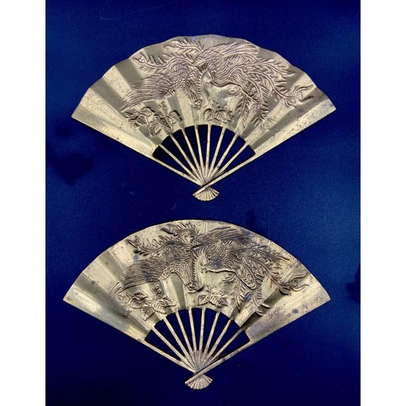 2 Vintage Solid Brass Oriental Style Hand Fan Phoenix Dragon Wall Decor 7”x11” - Picture 2 of 5